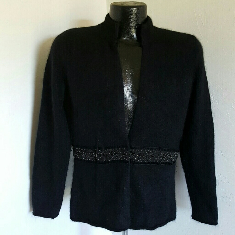 Elena Solana black cardigan angora rabbit lambs sequins knit women size L